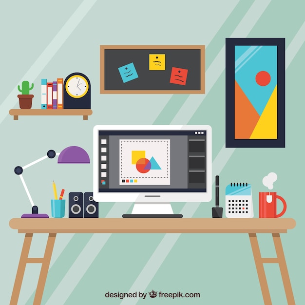 Бесплатное векторное изображение Графический дизайн рабочего пространства фон с столом и инструментами