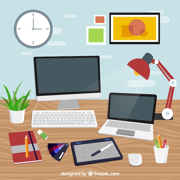 Бесплатное векторное изображение Графический дизайн рабочего пространства фон с столом и инструментами