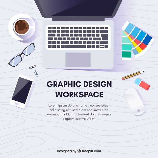 Graphic design workspace background with desk and tools