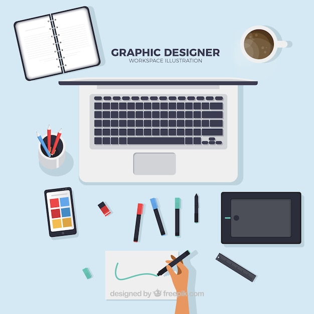 Graphic design workspace background with desk and tools