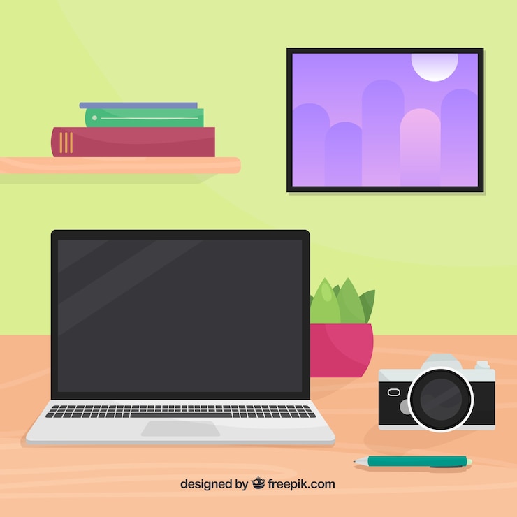 Free Vector graphic design workspace background with desk and tools
