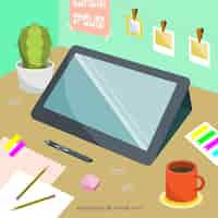 Free vector graphic design workspace background with desk and tools