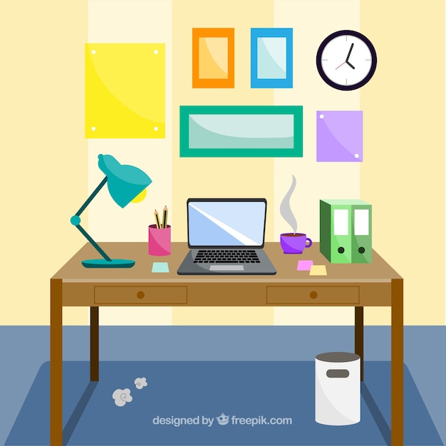 Graphic design workspace background with desk and tools