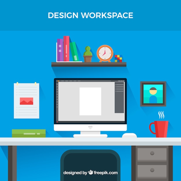 Free vector graphic design workspace background with desk and tools