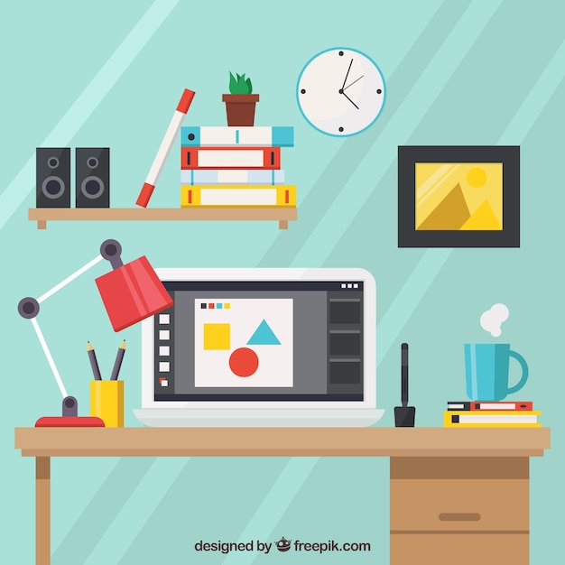 Graphic design workspace background with desk and tools