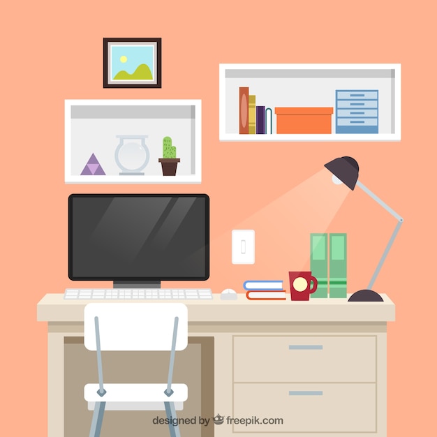 Graphic design workspace background with desk and tools