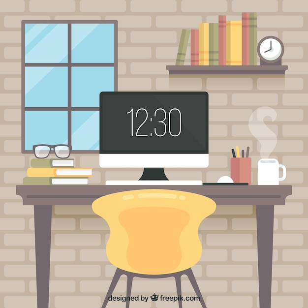 Graphic design workspace background with desk and tools