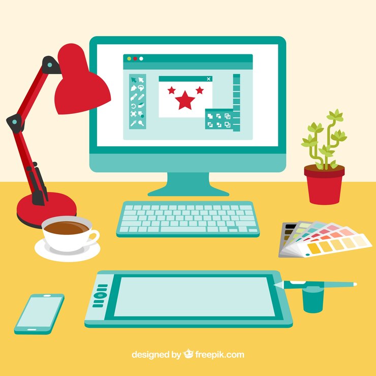 Free Vector graphic design workspace background with desk and tools