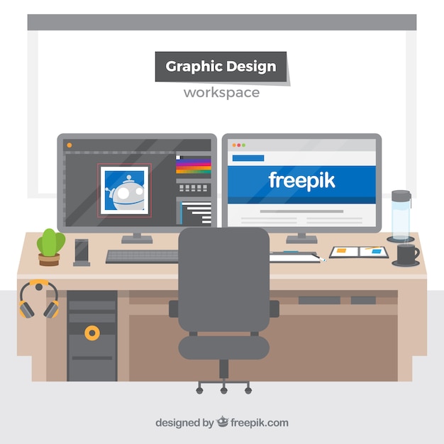 Free vector graphic design workspace background with desk and tools