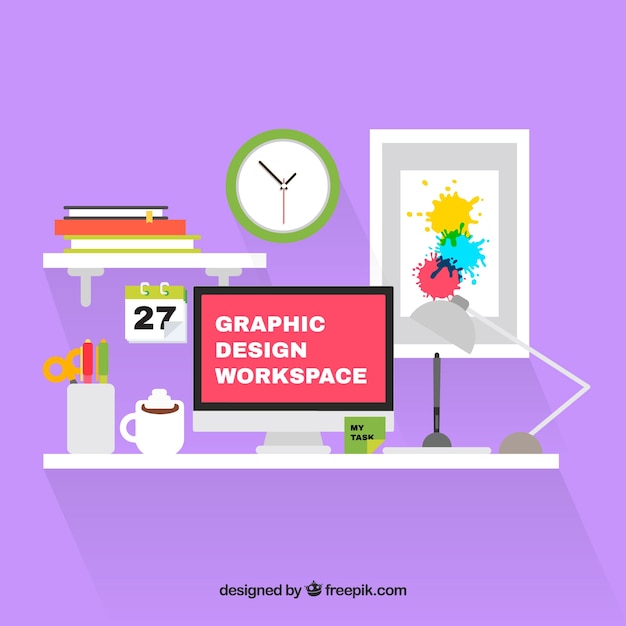 Graphic design workspace background with desk and tools