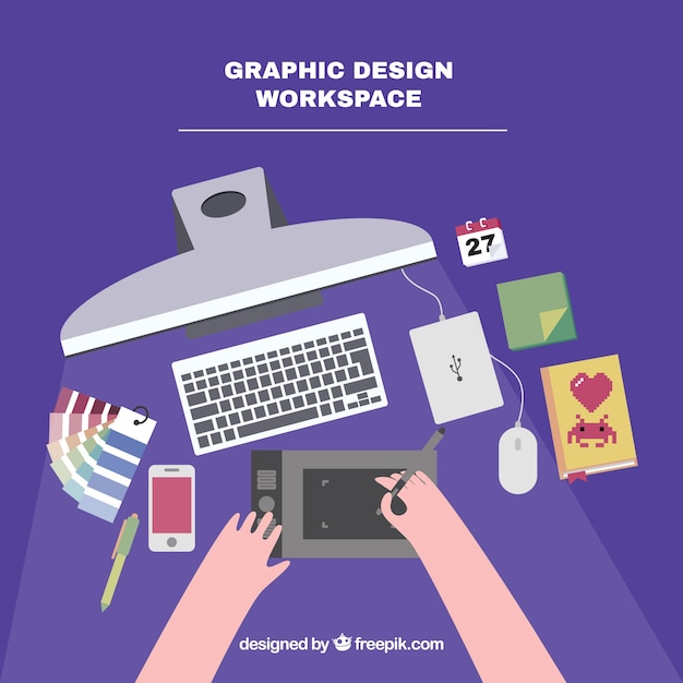 Sfondo di area di lavoro di progettazione grafica con scrivania e strumenti