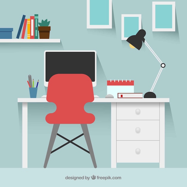 Free vector graphic design workspace background with desk and tools