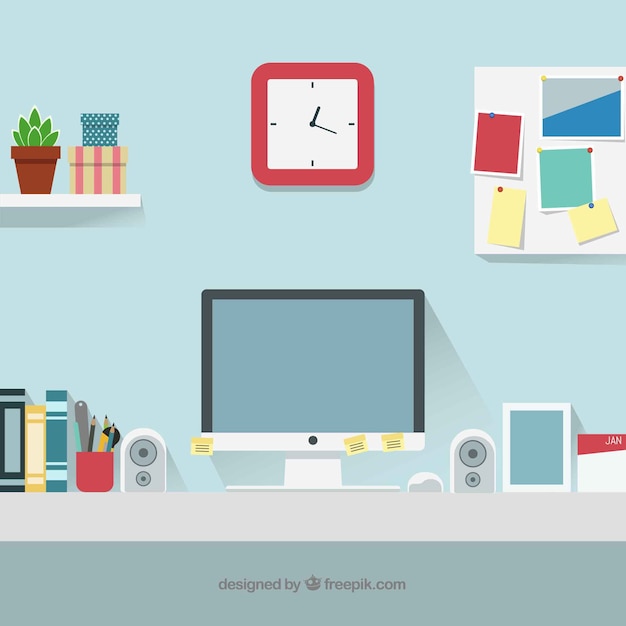 Free vector graphic design workspace background with desk and tools
