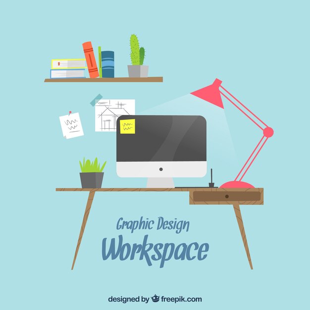 Graphic design workspace background with desk and tools