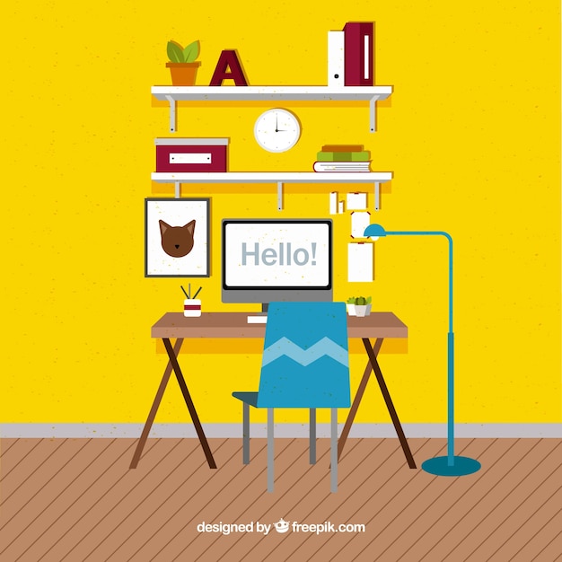 Free vector graphic design workspace background with desk and tools