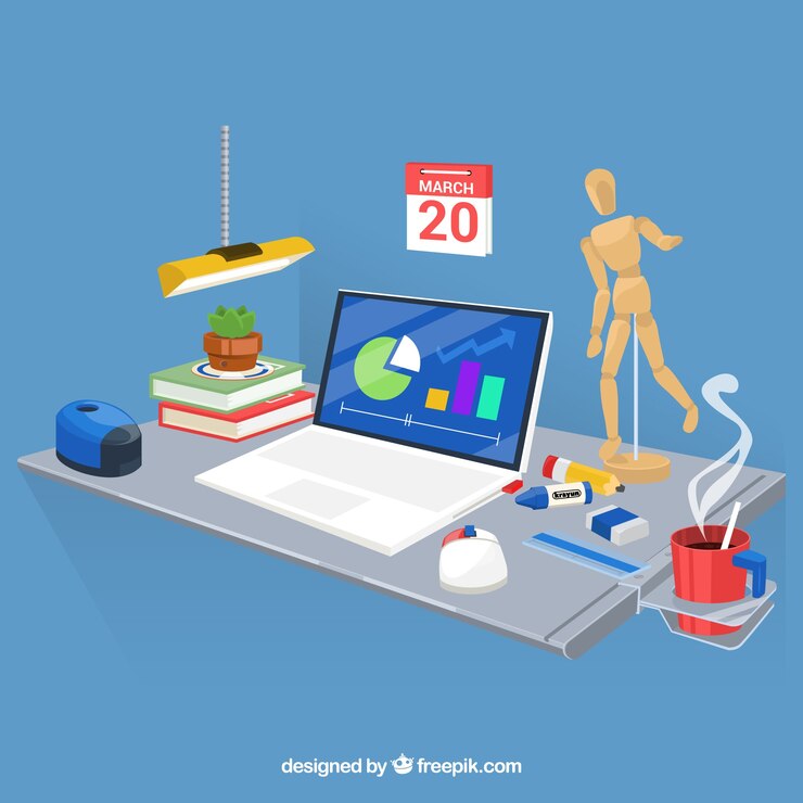 Free Vector graphic design workspace background with desk and tools
