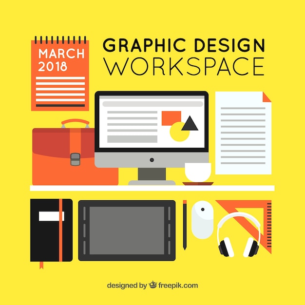 Graphic design workspace background with desk and tools