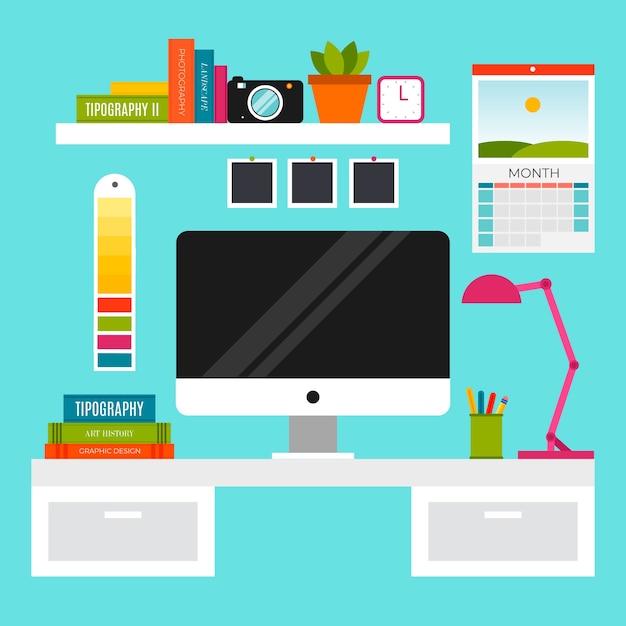 Graphic design workspace background with desk and tools