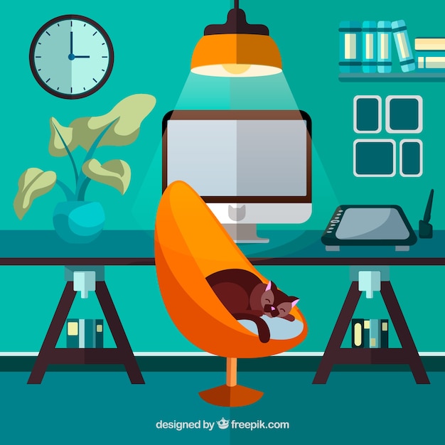 Free vector graphic design workspace background with desk and tools