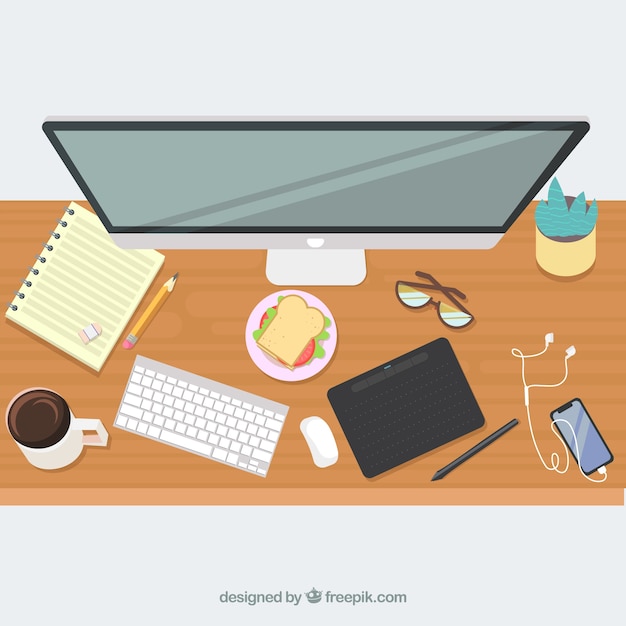 Free vector graphic design workspace background with desk and tools