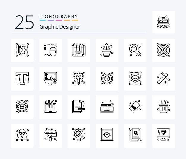 Graphic Designer 25 Line icon pack including zoom interface maximize mouse potted plant gardening