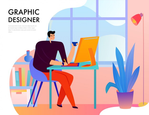 Graphic designer during creative work behind desk with computer on window  flat