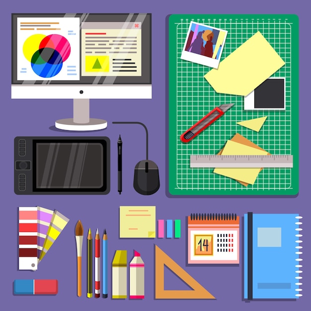 Free vector graphic designer desk with different objects