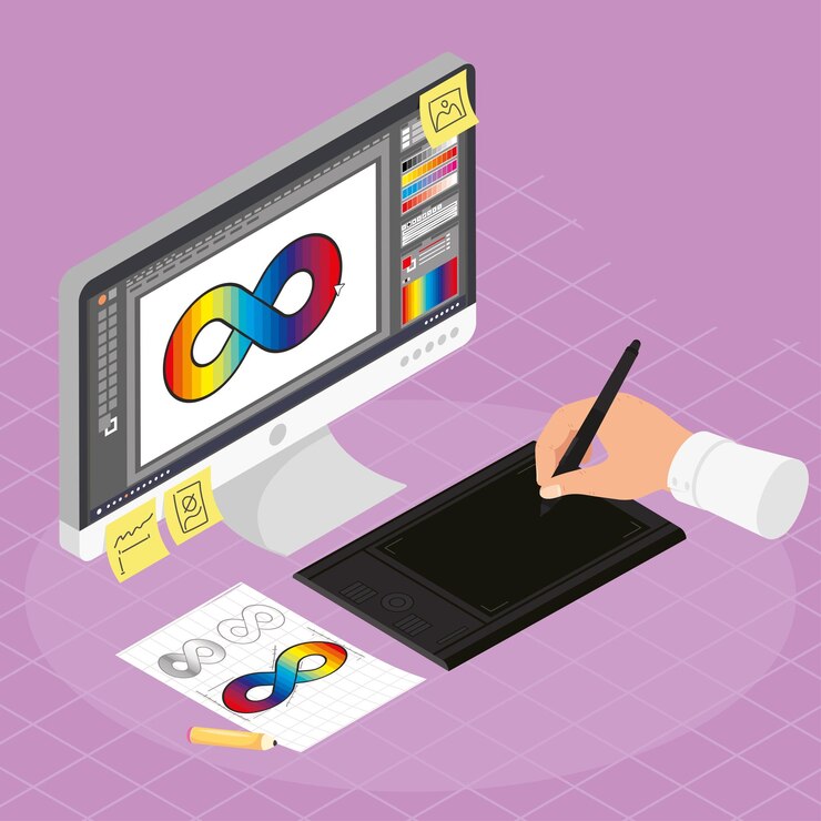 Free Vector graphic designer with desktop scene