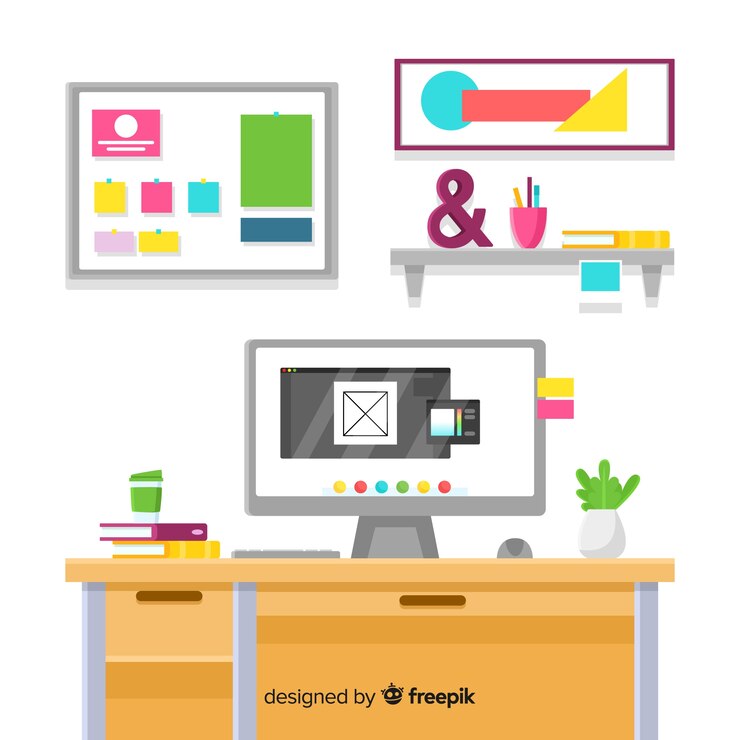 Free Vector graphic designer workplace in flat design