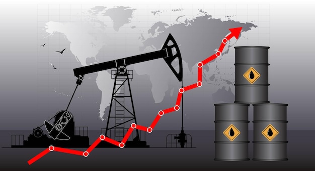 그래픽 성장 및 석유 장비. 석유 시세가 증가하고 있습니다. 석유 생산. 빨간색 화살표는 시장에서 석유 제품의 가격 상승입니다. 상승 추세. 벡터 일러스트 레이 션