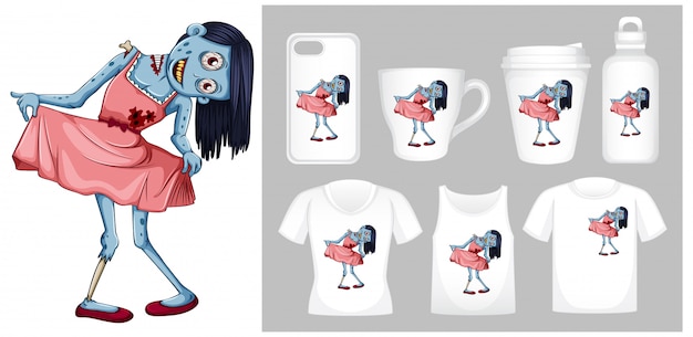 Free vector graphic of zombie in pink dress on different product templates