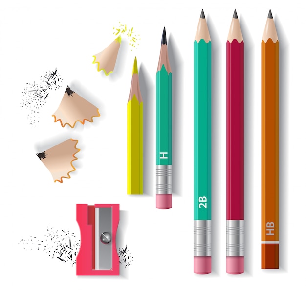 Free vector graphite pencils set, sharpener and sharpening shavings. for banners, posters