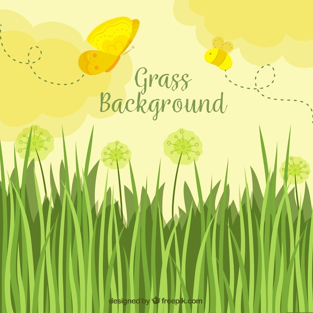 Free vector grass background with cute butterflies