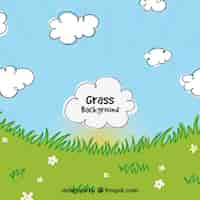 Free vector grass background with decorative clouds