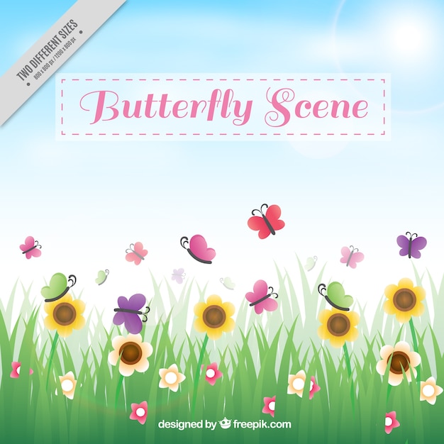 Grass background with flowers and butterflies