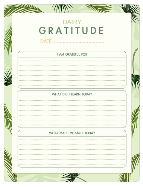 Free vector gratitude diary template with tropical palm leaves