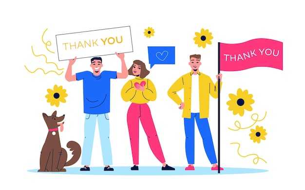 Gratitude flat concept with happy young people holding thank you banners and flags vector illustration