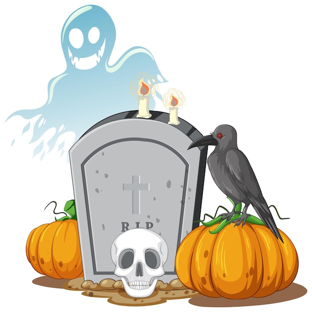 Free vector gravestone with crow on pumpkin