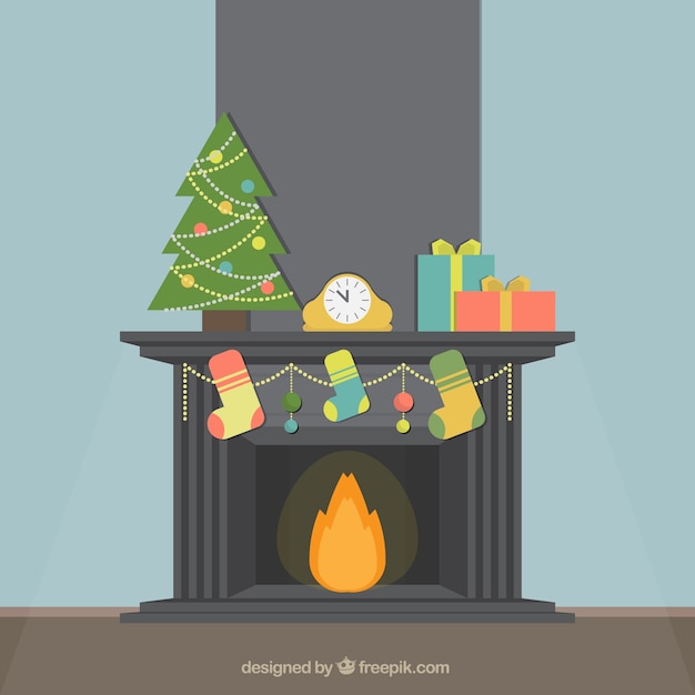 Gray fireplace background with christmas ornaments