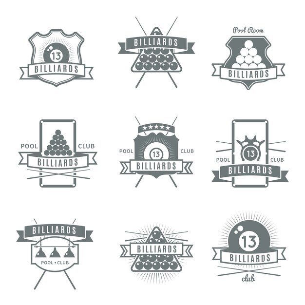 Gray and isolated billiards logo set with pool room and club descriptions