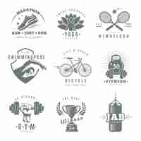 Free vector gray isolated fitness gym logo set with marathon run club tennis wimbledon jab boxing descriptions