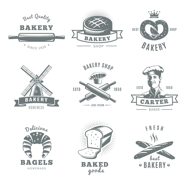 Free vector gray and isolated vintage bakery logo set with best quality carter baker and fresh best bakery descriptions