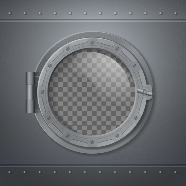 Gray metal porthole realistic and composition with abstract transparent window