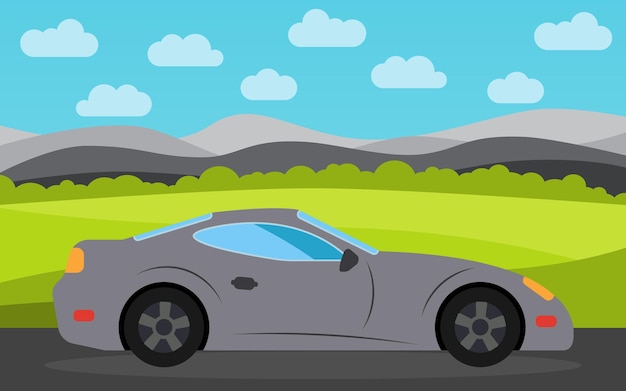 Gray sports car in the background of nature landscape in the daytime.  vector illustration.