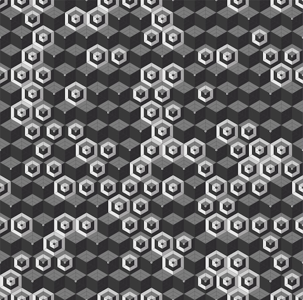 grayscale hexagonal seamless vector pattern. volumetric hexagon elements placed randomly. modern abstract geometric background. black and white abstract texture