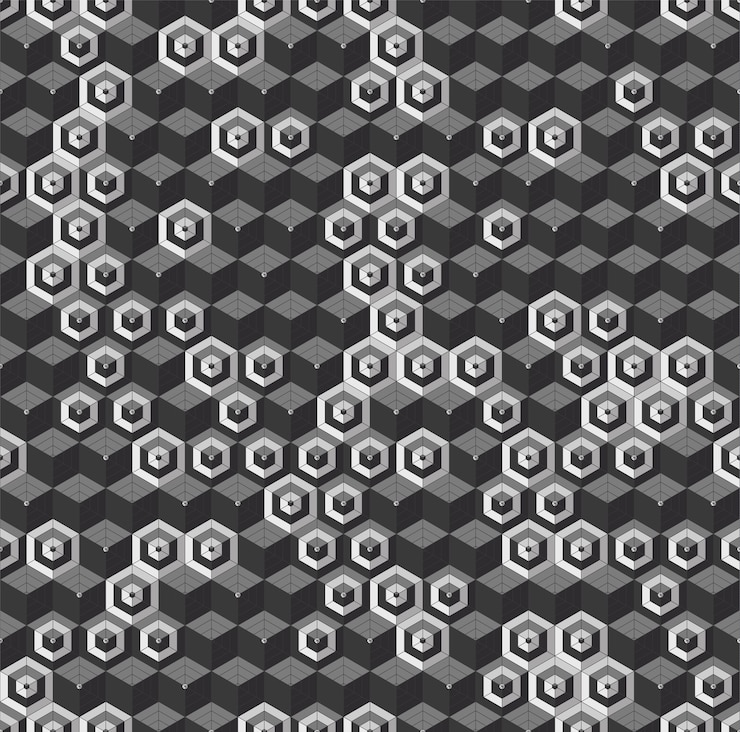 Free Vector grayscale hexagonal seamless vector pattern. volumetric hexagon elements placed randomly. modern abstract geometric background. black and white abstract texture