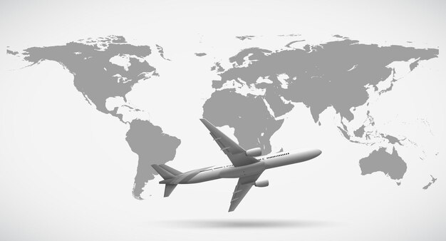 Grayscale of world map and airplane