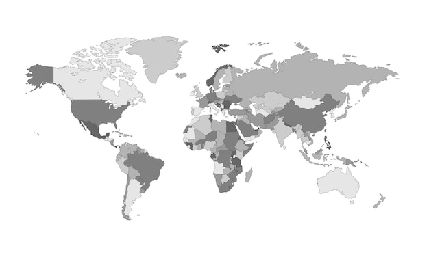 Grayscale world map with countries borders outline