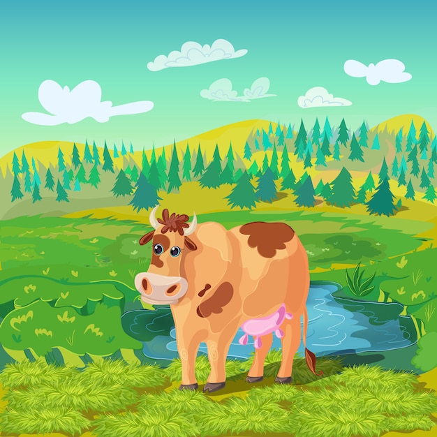 Vettore gratuito grazing cow cartoon composizione