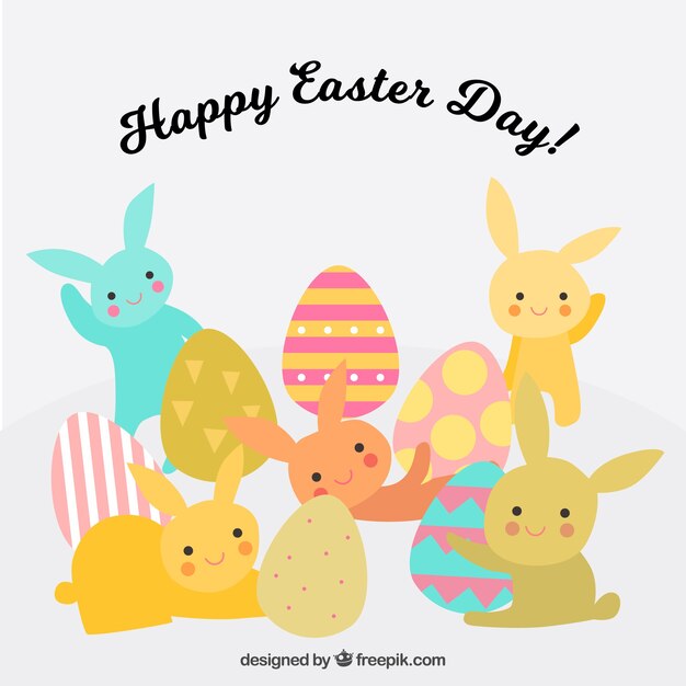 Great background with colorful rabbits and eggs for easter day